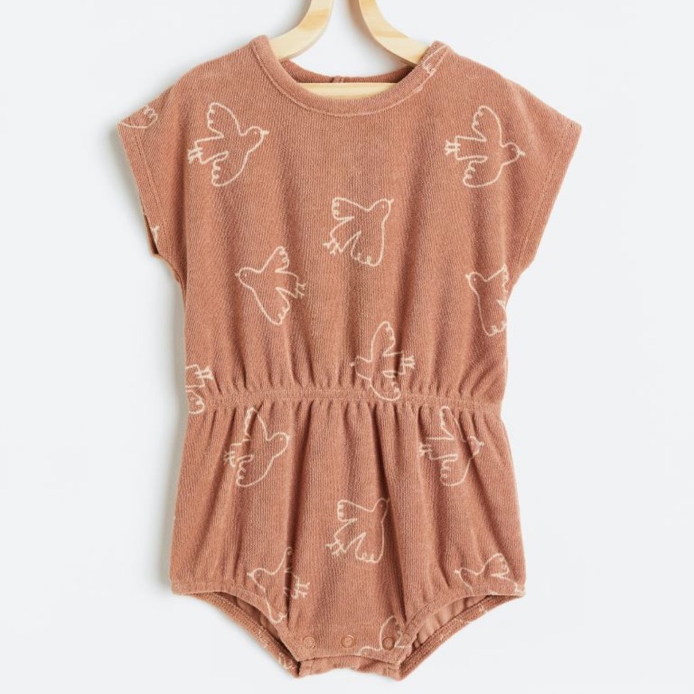 H&M Soft Terry Romper in Beige Pink Birds SZ 18M